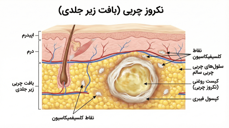 نمودار علمی علت سفت شدن چربی تزریق شده و تشکیل کیست روغنی و نکروز زیر پوست