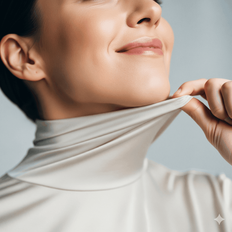 فردی که با اعتماد به نفس، پس از انجام ساکشن غبغب موفق، خط فک زیبای خود را به نمایش می‌گذارد.