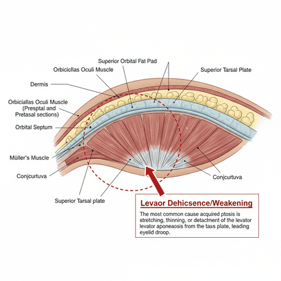  اینفوگرافیک علمی نشان‌دهنده علت‌های اصلی آناتومیک درمان افتادگی پلک.