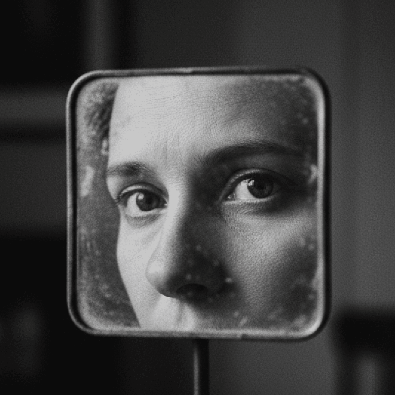 زنی که با نگرانی به افتادگی پلک خود در آینه نگاه میکند و به دنبال درمان است.