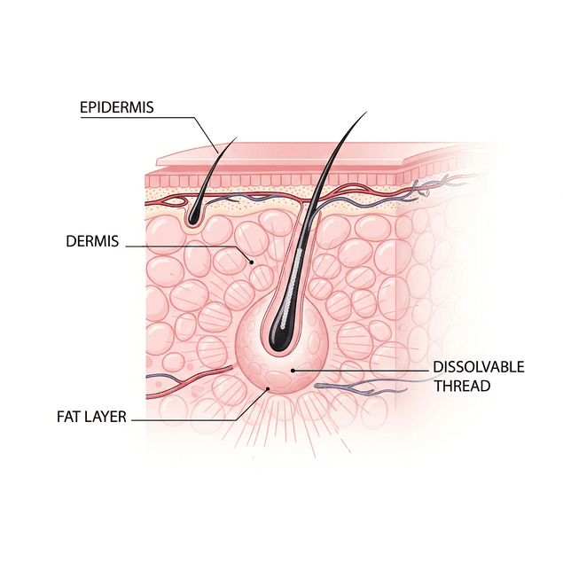دیاگرام شماتیک از نحوه عملکرد کاشت نخ لاغری در لایه‌های پوست و چربی.