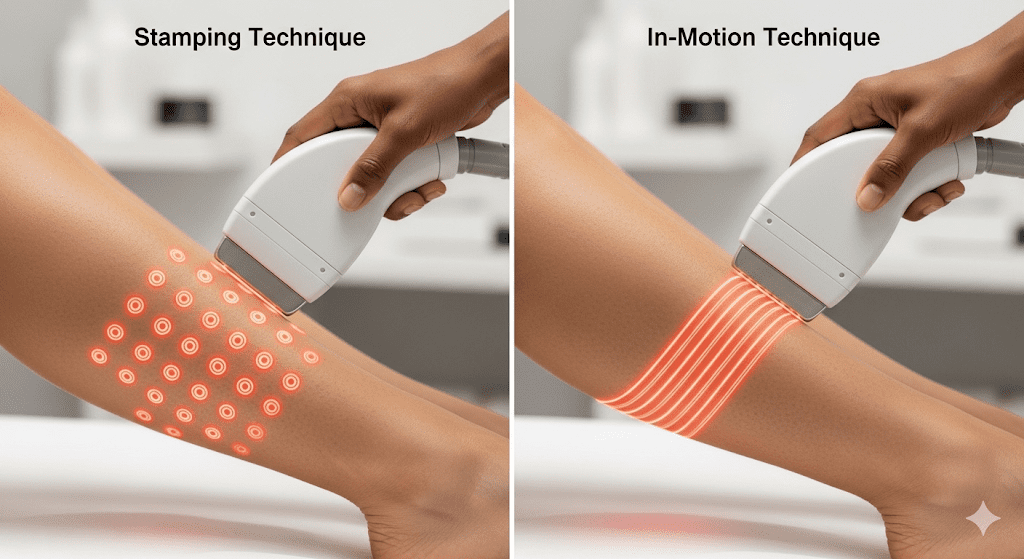 مقایسه تصویری بین دو تکنیک اصلی لیزر موهای زائد: روش شاتی (نقطه‌ای) در مقابل روش رولی (حرکتی).