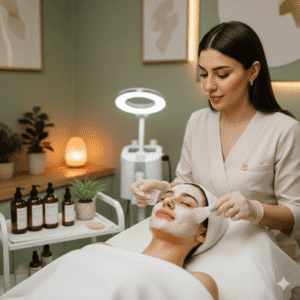 اسکین تراپیست حرفه ای در حال ماسک گذاری برای کلاینت خانم در اتاق فیشیال با دیزاین زیبا