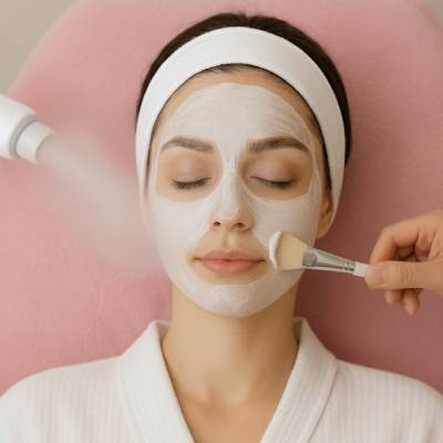 زنی در حال دریافت فیشیال تخصصی در سالن زیبایی، در حالی که بخار ملایمی صورت او را احاطه کرده و ابزارهای مراقبت پوست بهصورت منظم در کنار او قرار دارند.