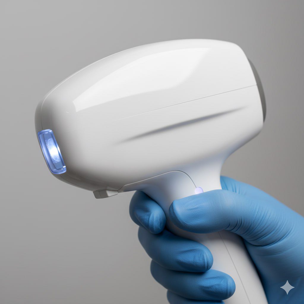 نمای نزدیک از هندپیس دستگاه لیزر الکس UNT، انتخابی هوشمندانه به عنوان بهترین دستگاه لیزر در کلینیک پرنیان.