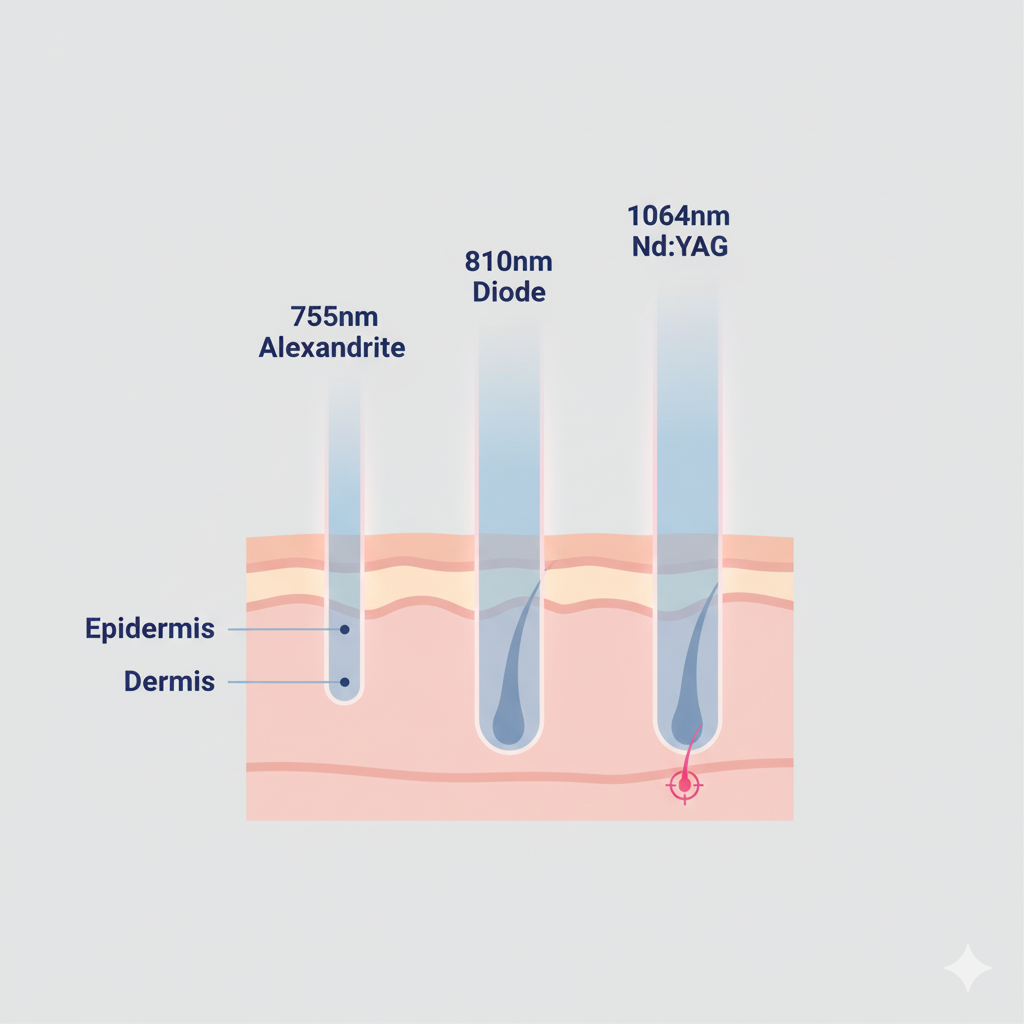 اینفوگرافیک مقایسه طول موج‌های بهترین دستگاه‌های لیزر شامل الکساندرایت، دایود و ان‌دی:یاگ.