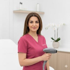 متخصص کلینیک پرنیان در حال آماده‌سازی بهترین دستگاه لیزر موهای زائد برای ارائه نتیجه قطعی در مشهد.