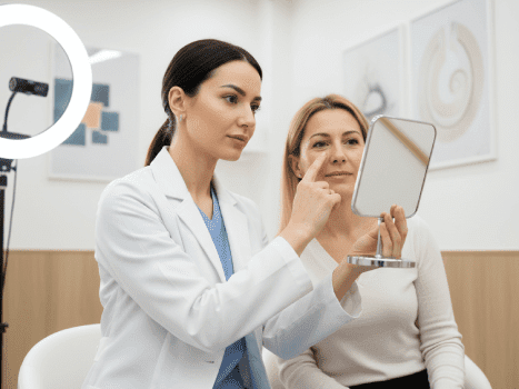 پزشک متخصص در حال مشاوره و بررسی ناحیه زیر چشم بیمار در کلینیک پرنیان.