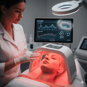 A woman receiving LED light therapy with a phototherapy device in a beauty clinic in Mashhad. A dermatologist is adjusting the device next to her.