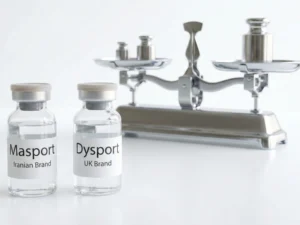 تصویر دو ویال شیشه‌ای پزشکی حاوی مایع شفاف را نشان می‌دهد که کنار هم روی یک سطح سفید قرار گرفته‌اند. ویال سمت چپ دارای برچسب سفید با نوشته "Masport - Iranian Brand" و ویال سمت راست دارای برچسب مشابه با نوشته "Dysport - UK Brand" است. در پس‌زمینه و به صورت کمی تار، یک ترازوی دو کفه‌ای فلزی قدیمی دیده می‌شود که در یک کفه آن وزنه‌هایی قرار دارد و نماد سنجش و مقایسه بین این دو برند است.