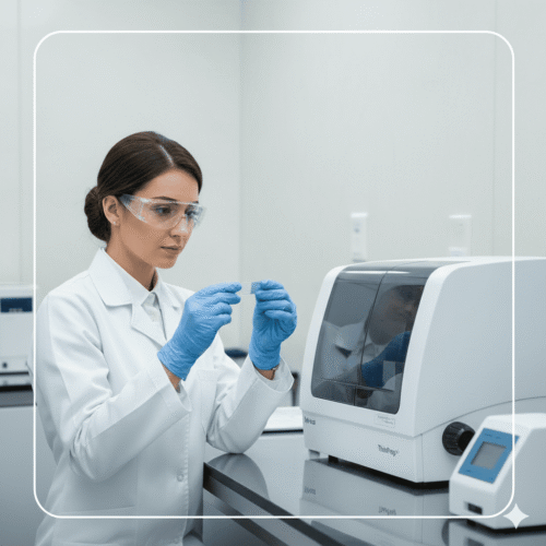 Expert gynecologist and lab technician in a modern Mashhad lab explaining Pap smear results, with a pink ribbon for breast cancer awareness.