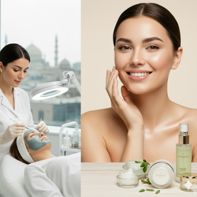 دو کادر در تصویر وجود دارد؛ کادر سمت چپ یک زن در حال دریافت فیشیال تخصصی در کلینیکی مدرن در مشهد را نشان میدهد و کادر سمت راست، زنی با پوستی درخشان در کنار محصولات مراقبت از پوست را به تصویر میکشد.