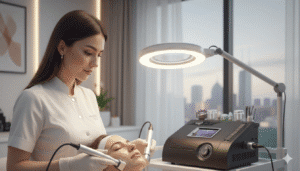 فیشیال تخصصی پوست در مشهد یک متخصص زیبایی در حال انجام فیشیال با دستگاه میکروکارنت بر روی صورت یک زن در کلینیکی مدرن. صفحه نمایش دستگاه میکروکارنت الگوهای جریان الکتریکی را نشان میدهد.