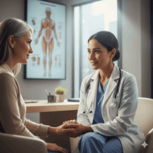 بهترین دکتر زنان برای عمل افتادگی رحم در حال مشاوره با بیمار در کلینیک پرنیان