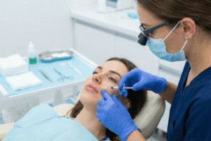 بهترین دکتر ژل لب مشهد در حال تزریق با تکنیک عمودی روسی