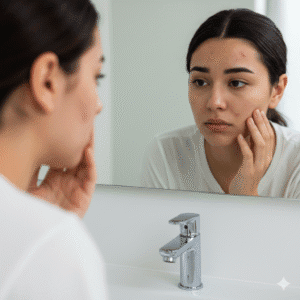 Close-up of young Asian woman inspecting acne scars on her face