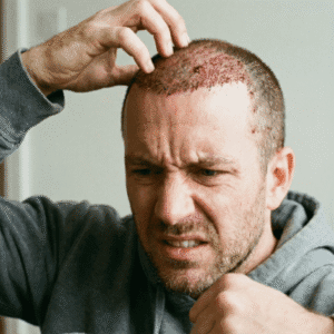 مردی کلافه و ناراحت به دلیل خارش سر پس از کاشت مو و التهاب دلمههای ناحیه کاشت