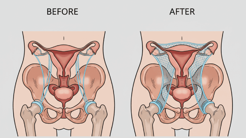تصویر شماتیک از جراحی افتادگی رحم با لاپاراسکوپی و اصلاح موقعیت آناتومیک رحم