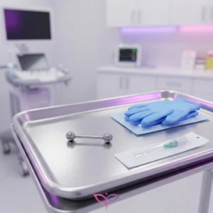 ست استریل جراحی و آنژیوکت برای انجام پیرسینگ سینه توسط پزشک در کلینیک پرنیان.