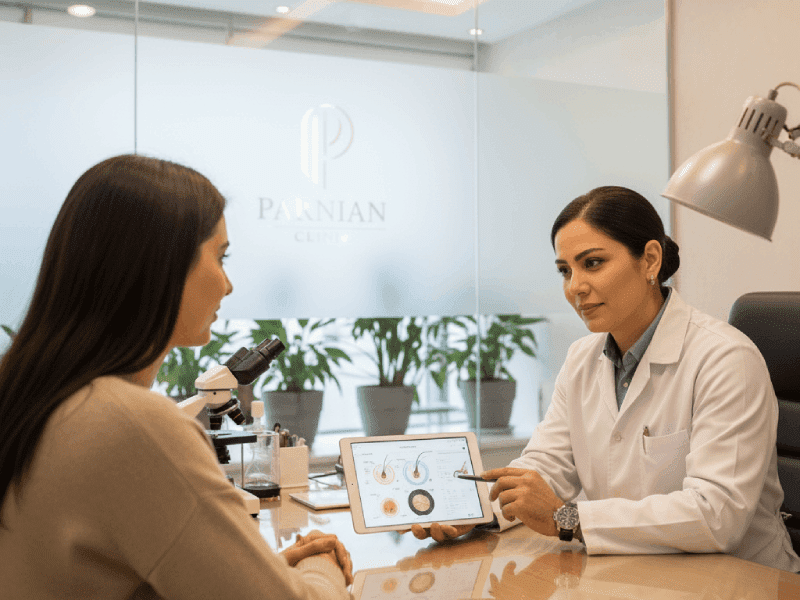 متخصص پوست و مو کلینیک پرنیان در حال مشاوره با بیمار درباره درمان ریزش مو سکه ای