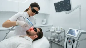 نشان دادن فرآیند لیزر درمانی به صورت ایمن توسط یک متخصص و استفاده از تجهیزات حفاظتی. 