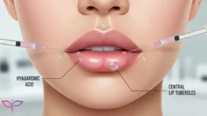 نمای شماتیک تکنیک تزریق مدل ژل لب گیلاسی با تمرکز بر برجستگی‌های مرکزی لب