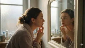 زن جوان نگران در حال بررسی جوشهای صورت که از علائم شایع تنبلی تخمدان است