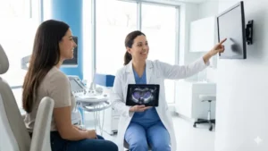 پزشک متخصص زنان در حال نشان دادن تصویر سونوگرافی تخمدان پلیکیستیک به بیمار در کلینیک