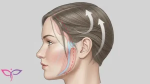 نمای شماتیک از نحوه انجام لیفت شقیقه و محل برش در خط رویش مو