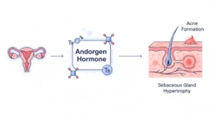 شماتیک علمی رابطه ی کیست تخمدان و جوش صورت و عملکرد آندروژنها بر غدد سباسه