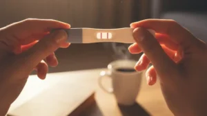 تست بارداری مثبت در دستان یک زن به نشانه درمان موفق ناباروری ناشی از تنبلی تخمدان