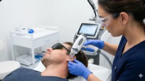 نشان دادن فرآیند لیزر درمانی به صورت ایمن توسط یک متخصص و استفاده از تجهیزات حفاظتی.