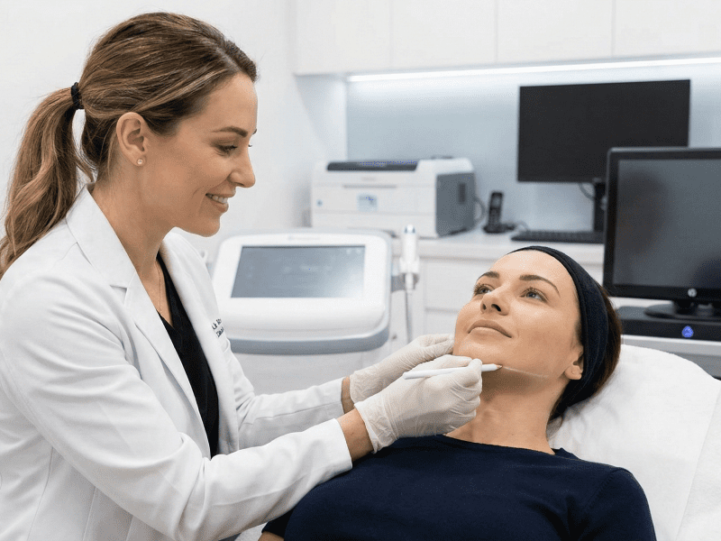 پزشک متخصص در حال معاینه صورت بیمار برای تعیین نواحی لیفت با نخ و برآورد هزینه