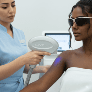 اپراتور متخصص کلینیک پرنیان در حال استفاده از دستگاه الکساندرایت UNT، بهترین دستگاه لیزر برای پوست سبزه، با رعایت کامل ایمنی.