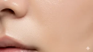 نمای نزدیک از بافت پوست بسیار صاف، شفاف و بدون منفذ (پوست شیشه‌ای) ناشی از اثرات مزوبوتاکس و بیبی بوتاکس