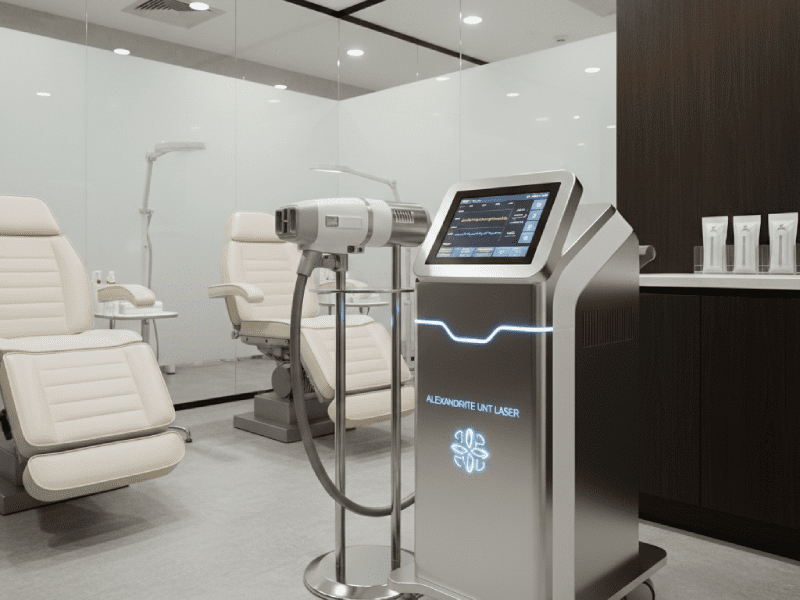 دستگاه لیزر الکساندرایت UNT در محیط کلینیک پرنیان، نشان‌دهنده تکنولوژی پیشرفته و ایمنی بالا.