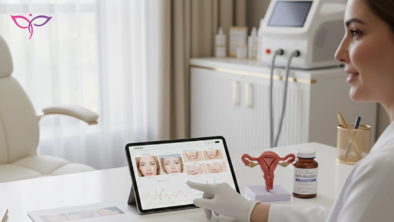 جلسه بررسی و مقایسه درمان لیزری و هورمون درمانی توسط متخصص زنان در مشهد