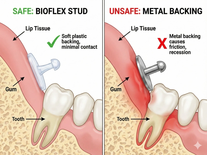 مقایسه ایمنی نگین بیوفلکس و فلزی برای سلامت دندان در پیرسینگ لب