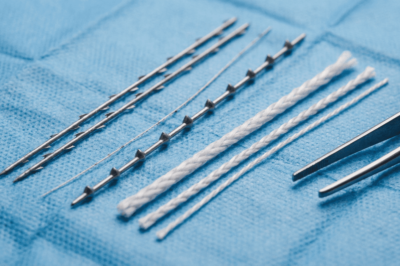 کلوزآپ از انواع نخ‌های پزشکی لیفت صورت مانند کاگ و سیلوئت موثر بر قیمت نهایی