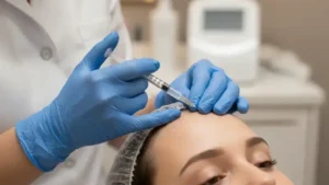 پزشک متخصص در حال انجام تزریق میکرو با سوزن بسیار ظریف روی نقاط متعدد پیشانی برای تکنیک بیبی بوتاکس