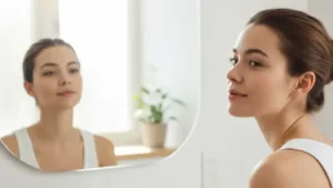 زن جوان با پوست شاداب و سالم در حال نگاه به آینه، نمادی از شروع بوتاکس پیشگیرانه در سنین پایین