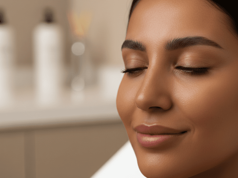 نمای نزدیک پوست سبزه و سالم پس از لیزر، تضمین عدم سوختگی و التهاب.