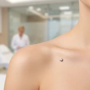 نجام پیرسینگ سارفیس (Surface Bar) دو سر نگین در مشهد با تکنیک پزشکی و بدون پس‌زدن در کلینیک پرنیان.