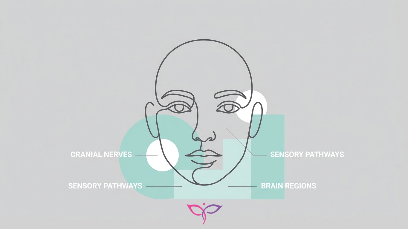 تصویرسازی پزشکی و دیاگرام نشان‌دهنده نواحی اصلی درگیر در سندرم صورت کورتیزولی، شامل پف‌کردگی گونه‌ها (Moon Face)، ورم زیر چشم و قرمزی پوست