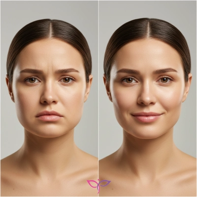 تصویر مقایسه‌ای اسپلیت-اسکرین: سمت چپ چهره‌ای خسته با علائم صورت کورتیزولی و پف‌کرده، و سمت راست همان چهره شاداب و درمان شده در کلینیک پرنیان.