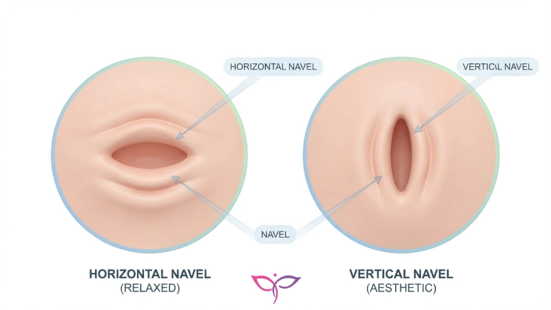 تصویرسازی پزشکی مقایسه فرم ناف دفرمه و افتاده با ناف اصلاح شده توسط جراحی زیبایی ناف