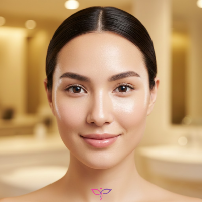 چهره زنی با پوست شیشه‌ای و بدون لک پس از انجام مزوتراپی صورت برای لک در کلینیک زیبایی پرنیان مشهد.