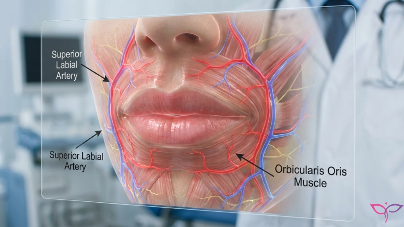 تصویر آناتومی شریان‌های لب و نقاط حساس صورت؛ اهمیت شناخت بافت زیر پوست برای پیشگیری از عوارض تزریق ژل توسط پزشک متخصص