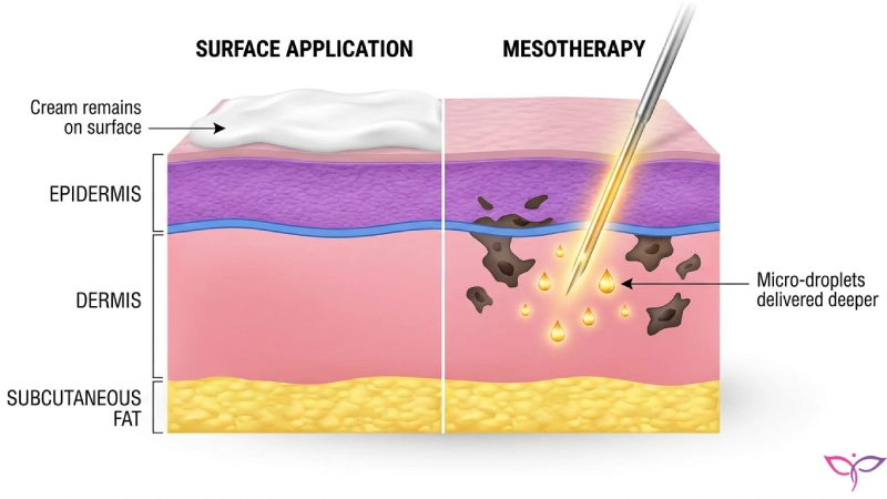 اینفوگرافیک مقایسه عمق نفوذ کرم‌های موضعی با تزریق مزوتراپی صورت برای لک در لایه‌های درم و اپیدرم پوست