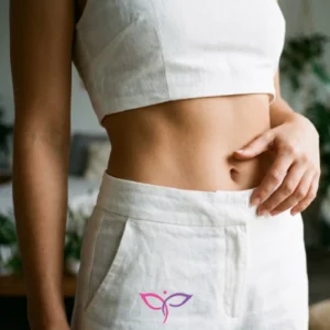 نمای نزدیک از شکم صاف و فرم ناف طبیعی و زیبا که نتیجه نهایی جراحی زیبایی ناف (امبیلیکوپلاستی) را نشان می‌دهد